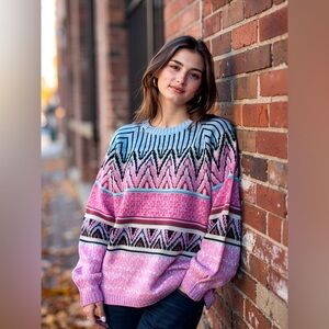 Oversized Pink & Blue Patterned Women's Sweater